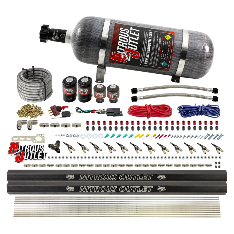 Nitrous Outlet 6 Cylinder Dual Stage Direct Port System - Two .122 Nitrous Solenoids/Two .177 Fuel Solenoids/Two Dual Passage Injection Rails/90 Degree Discharge Nozzles (Gas)(5-7-10 psi)(75-375HP)(12lb Bottle)