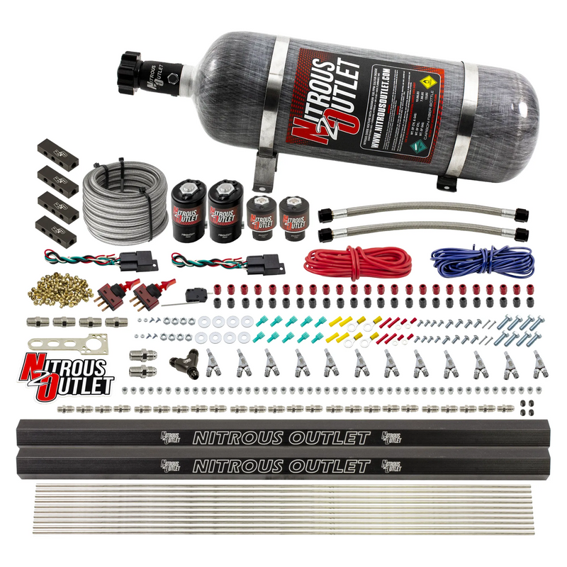 Nitrous Outlet 6 Cylinder Dual Stage Direct Port System - Two .122 Nitrous Solenoids/Two .177 Fuel Solenoids/Distribution Blocks/Annular Discharge Nozzles (Gas)(5-7-10 psi)(75-375HP)(12lb Bottle)
