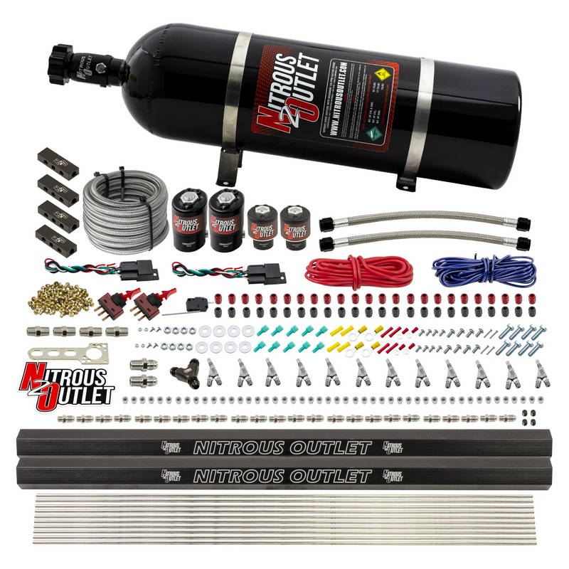 Nitrous Outlet 6 Cylinder Dual Stage Direct Port System - Two .122 Nitrous Solenoids/Two .177 Fuel Solenoids/Distribution Blocks/Annular Discharge Nozzles (Gas)(5-7-10 psi)(75-375HP)(15lb Bottle)