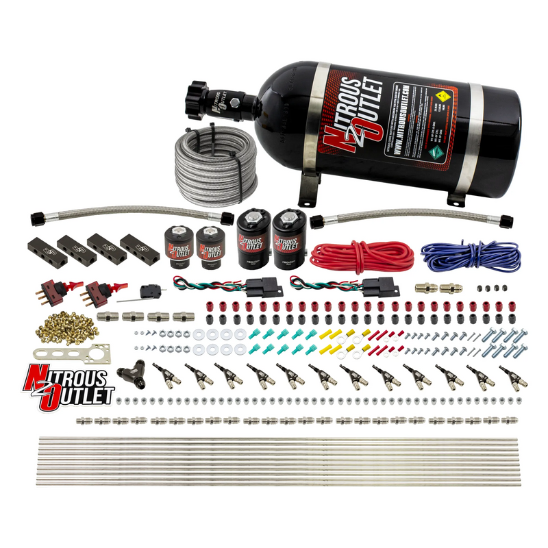 Nitrous Outlet 6 Cylinder Dual Stage Direct Port System - Two .122 Nitrous Solenoids/Two .177 Fuel Solenoids/Distribution Blocks/90 Degree Discharge Nozzles (Gas)(45-55 psi)(75-375HP)(10lb Bottle)