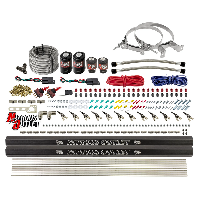 Nitrous Outlet 6 Cylinder Dual Stage Direct Port System - Two .122 Nitrous Solenoids/Two .177 Fuel Solenoids/Two Dual Passage Injection Rails/90 Degree Discharge Nozzles (E85)(45-55 psi)(75-375HP)(No Bottle)
