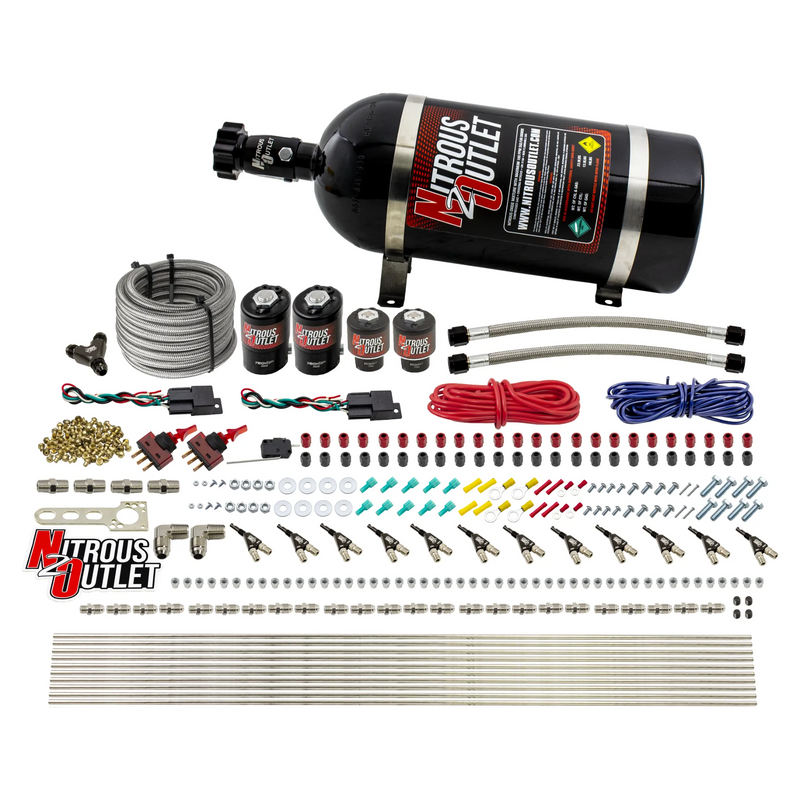 Nitrous Outlet 6 Cylinder Dual Stage Direct Port System - Two .122 Nitrous Solenoids/Two .177 Fuel Solenoids/Two Dual Passage Injection Rails/90 Degree Discharge Nozzles (E85)(45-55 psi)(75-375HP)(10lb Bottle)