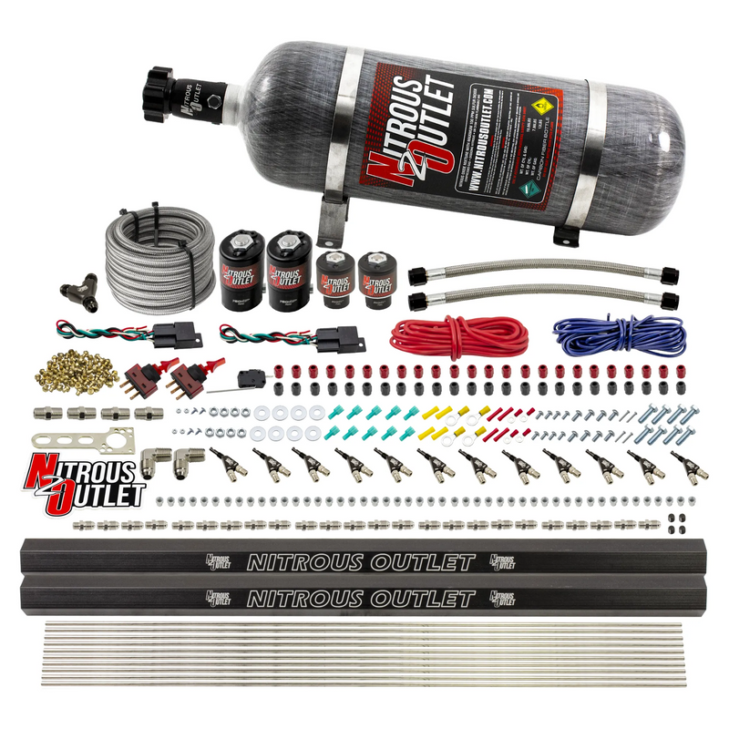 Nitrous Outlet 6 Cylinder Dual Stage Direct Port System - Two .122 Nitrous Solenoids/Two .177 Fuel Solenoids/Two Dual Passage Injection Rails/90 Degree Discharge Nozzles (E85)(45-55 psi)(75-375HP)(12lb Bottle)