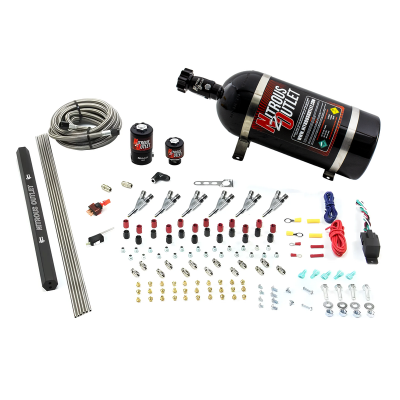 Nitrous Outlet 6 Cylinder Direct Port System - .122 Nitrous Solenoids/.177 Fuel Solenoids/Dual Passage Injection Rail/Annular Discharge Nozzles (Gas)(45-55 psi)(75-375HP)(10lb Bottle)