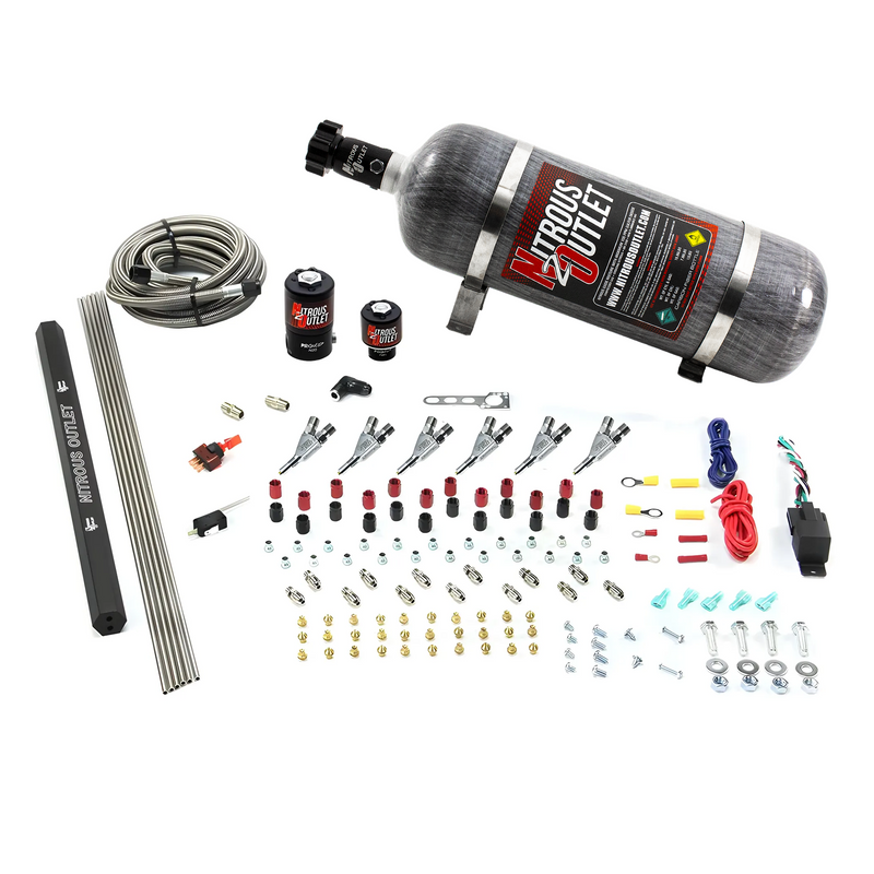 Nitrous Outlet 6 Cylinder Direct Port System - .122 Nitrous Solenoids/.177 Fuel Solenoids/Dual Passage Injection Rail/Annular Discharge Nozzles (E85)(45-55 psi)(75-375HP)(12lb Bottle)