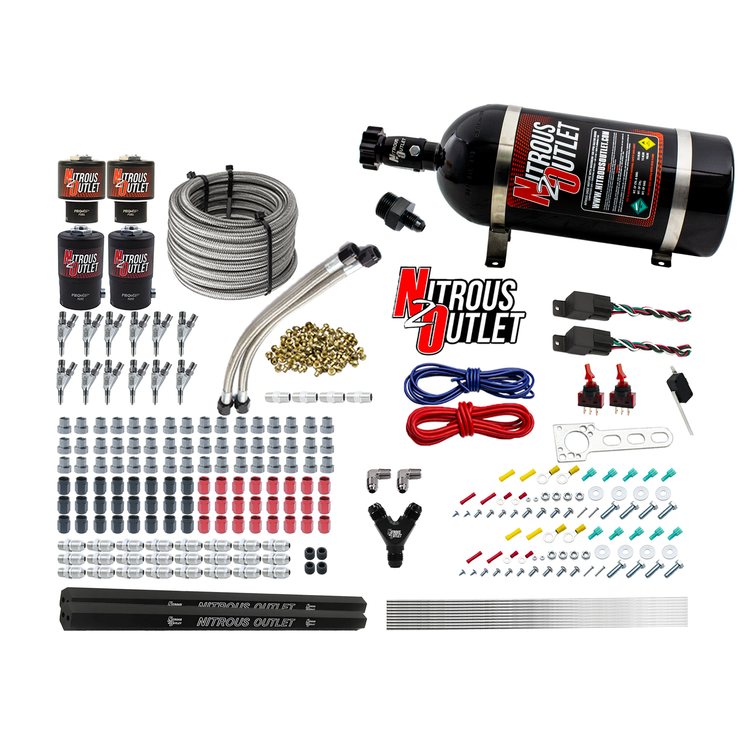 Nitrous Outlet 6 Cylinder Dual Stage Direct Port System - Two .122 Nitrous Solenoids/Two .177 Fuel Solenoids/Two Dual Passage Injection Rails/Annular Discharge Nozzles (E85)(45-55 psi)(75-375HP)(10lb Bottle)