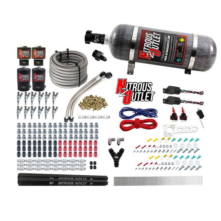 Nitrous Outlet 6 Cylinder Dual Stage Direct Port System - Two .122 Nitrous Solenoids/Two .177 Fuel Solenoids/Two Dual Passage Injection Rails/Annular Discharge Nozzles (E85)(45-55 psi)(75-375HP)(12lb Bottle)