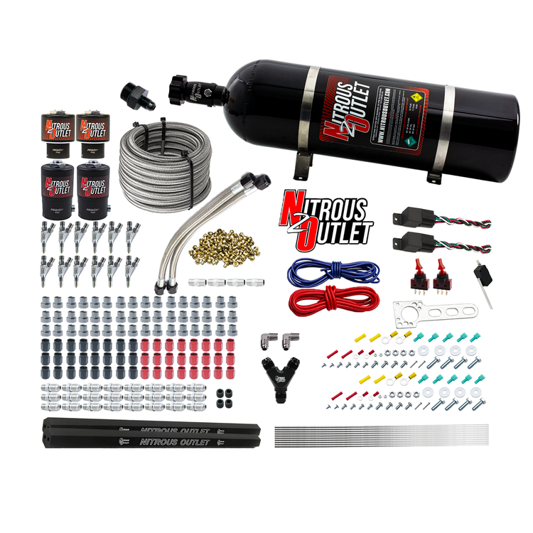 Nitrous Outlet 6 Cylinder Dual Stage Direct Port System - Two .122 Nitrous Solenoids/Two .177 Fuel Solenoids/Two Dual Passage Injection Rails/Annular Discharge Nozzles (E85)(45-55 psi)(75-375HP)(15lb Bottle)