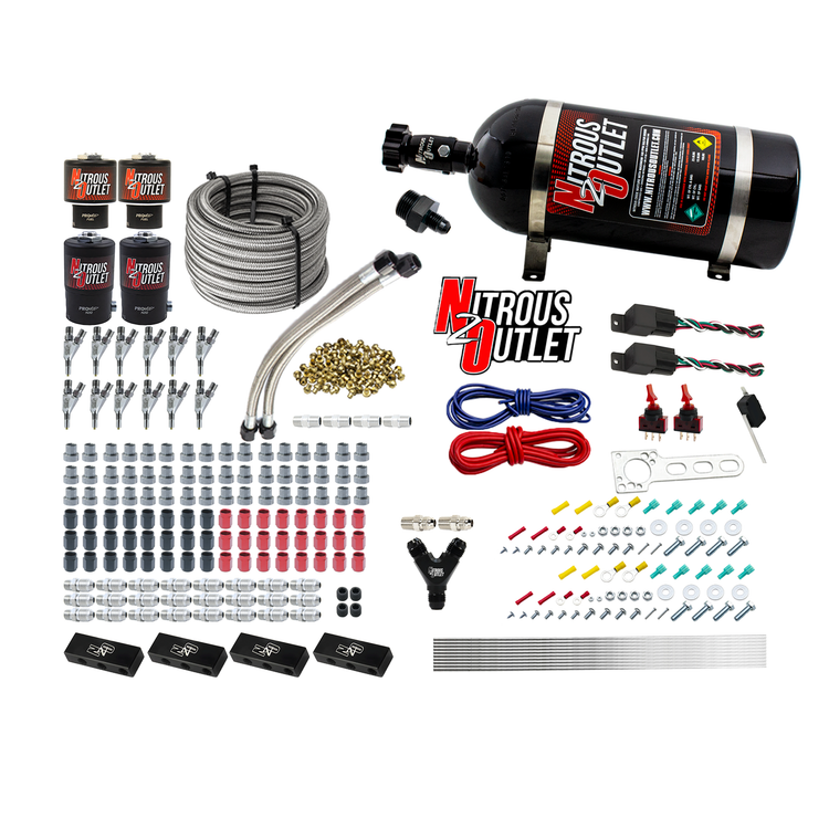 Nitrous Outlet 6 Cylinder Dual Stage Direct Port System - Two .122 Nitrous Solenoids/Two .177 Fuel Solenoids/Two Dual Passage Injection Rails/Annular Discharge Nozzles (Gas)(45-55 psi)(75-375HP)(10lb Bottle)