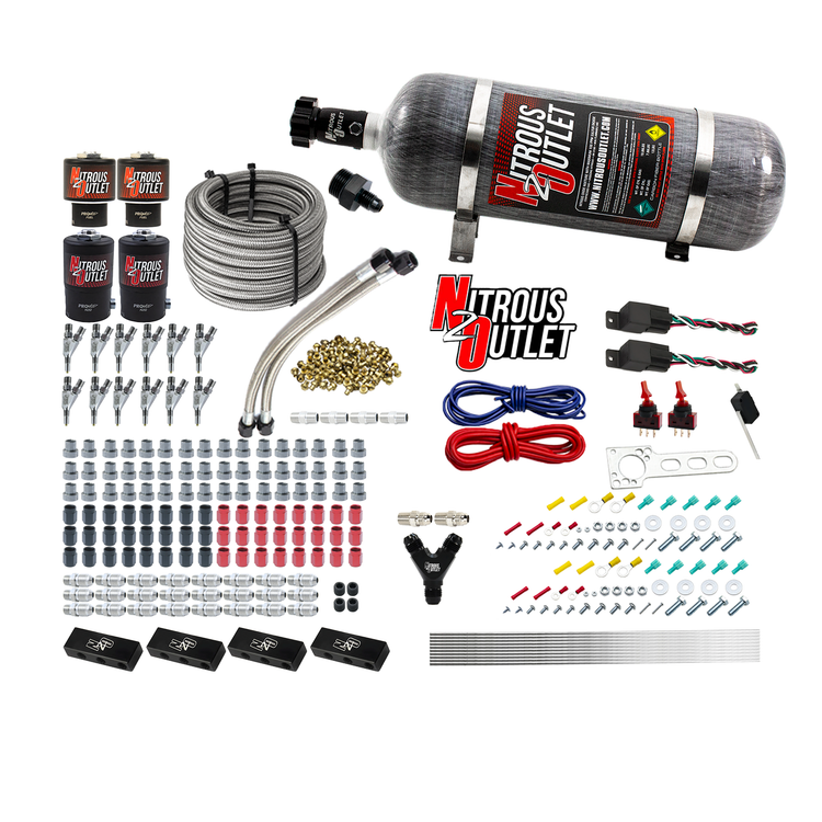 Nitrous Outlet 6 Cylinder Dual Stage Direct Port System - Two .122 Nitrous Solenoids/Two .177 Fuel Solenoids/Two Dual Passage Injection Rails/Annular Discharge Nozzles (Gas)(45-55 psi)(75-375HP)(12lb Bottle)