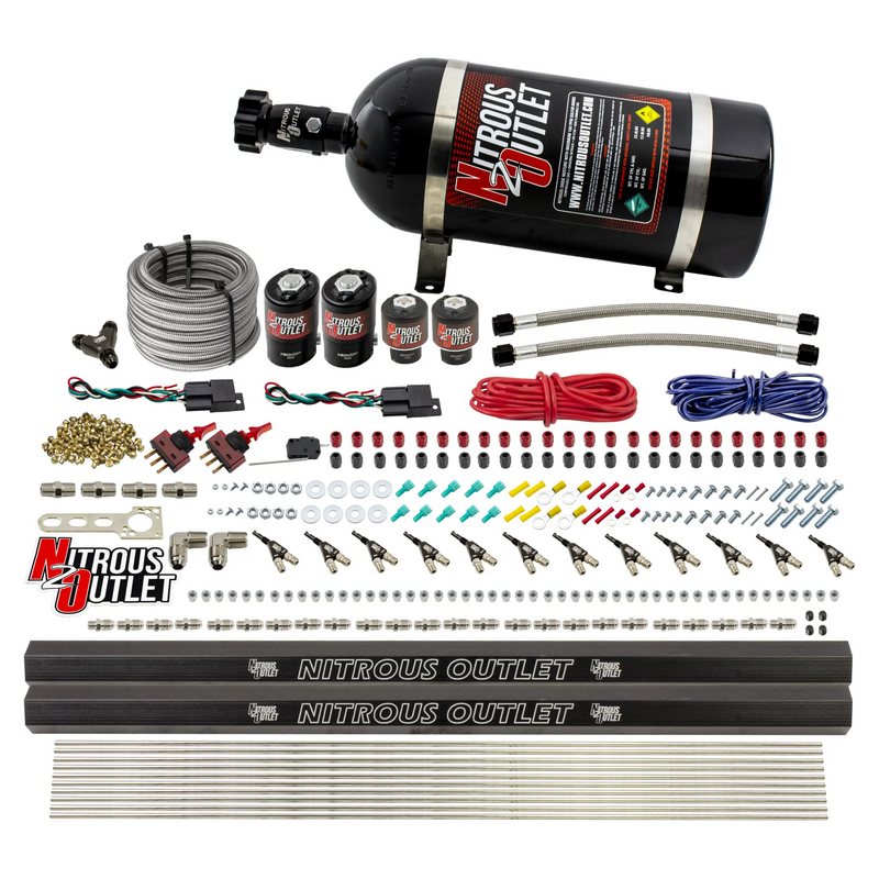 Nitrous Outlet 6 Cylinder Dual Stage Direct Port System - Two .122 Nitrous Solenoids/Two .177 Fuel Solenoids/Two Dual Passage Injection Rails/90 Degree Discharge Nozzles (Gas)(45-55 psi)(75-375HP)(10lb Bottle)