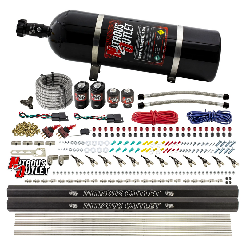 Nitrous Outlet 6 Cylinder Dual Stage Direct Port System - Two .122 Nitrous Solenoids/Two .177 Fuel Solenoids/Two Dual Passage Injection Rails/90 Degree Discharge Nozzles (Gas)(45-55 psi)(75-375HP)(15lb Bottle)