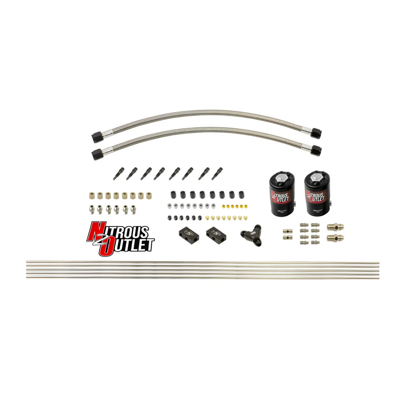 Nitrous Outlet Dry 8 Cylinder Solenoid Forward Direct Port Conversion Kit - Two .122 Nitrous Solenoids/ Compact Distribution Blocks/Compression Fittings/Annular Discharge Nozzles (Includes 200HP Jetting)