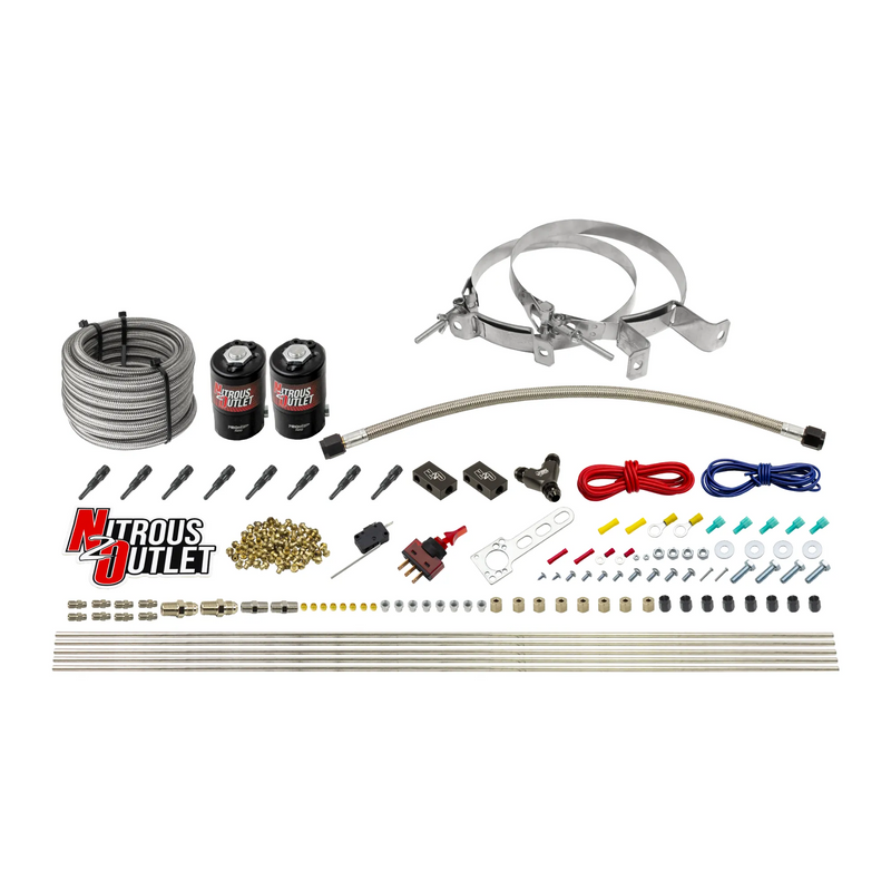 Nitrous Outlet Dry 8 Cylinder Direct Port System - Two .122 Nitrous Solenoids/Compact Distribution Blocks/Compression Fittings/90 Degree Discharge Nozzles (100-400HP)(No Bottle)