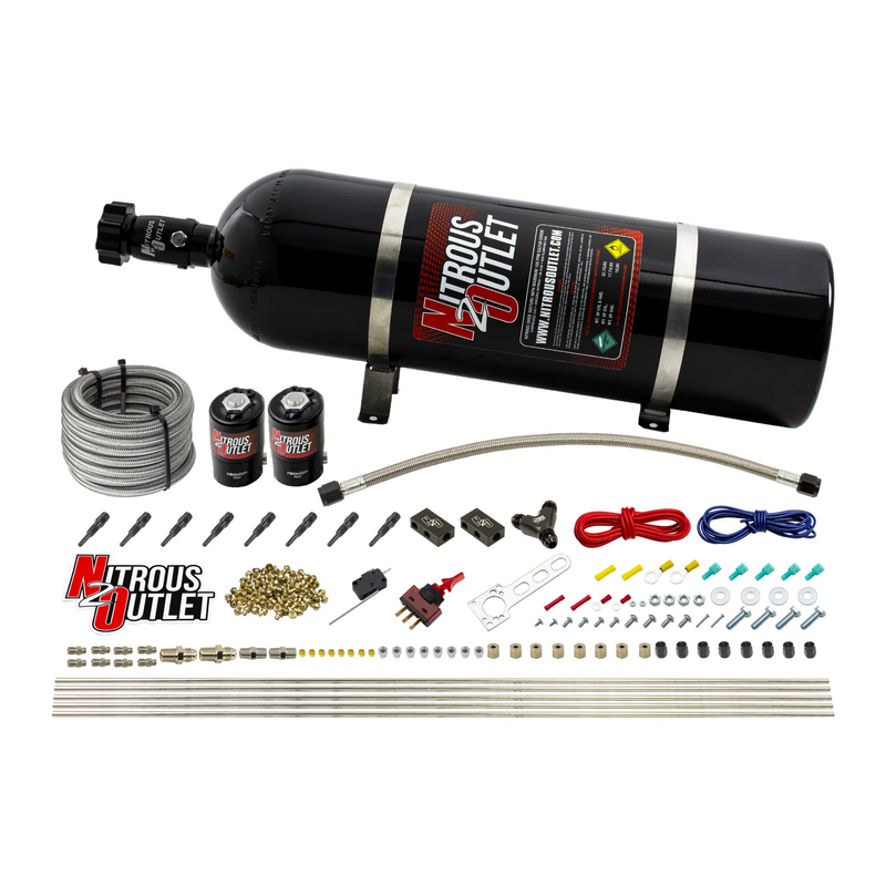 Nitrous Outlet Dry 8 Cylinder Direct Port System - Two .122 Nitrous Solenoids/Compact Distribution Blocks/Compression Fittings/90 Degree Discharge Nozzles (100-400HP)(15lb Bottle)