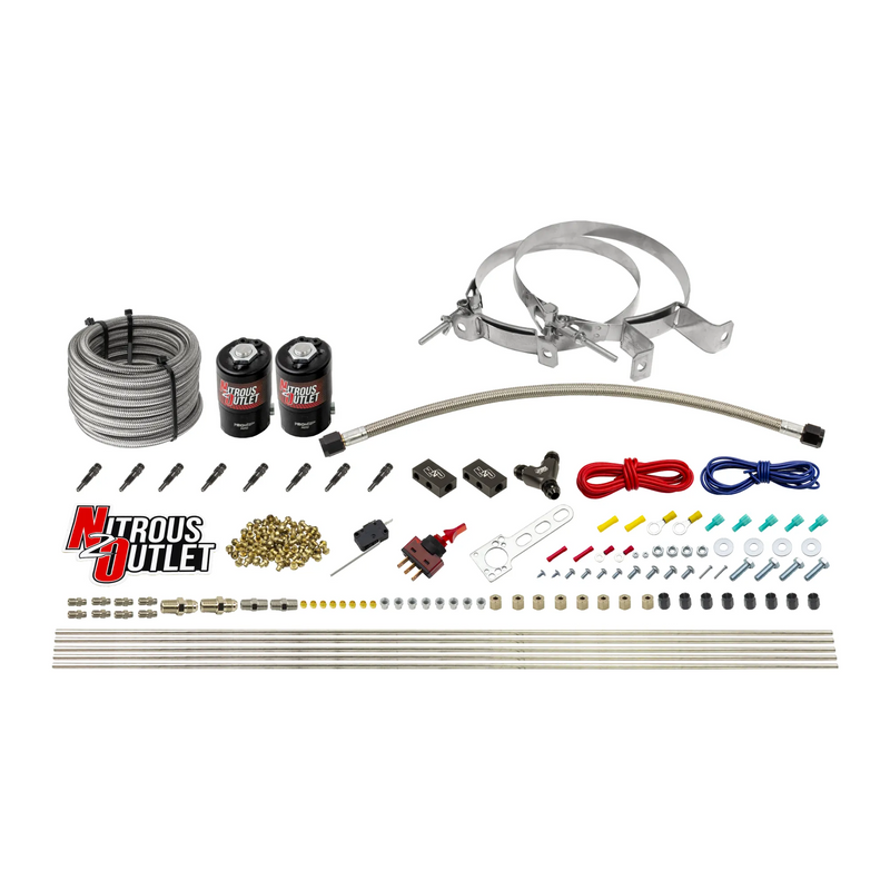 Nitrous Outlet Dry 8 Cylinder Direct Port System - Two .122 Nitrous Solenoids/Compact Distribution Blocks/Compression Fittings/SBT Discharge Nozzles (100-400HP)(No Bottle)