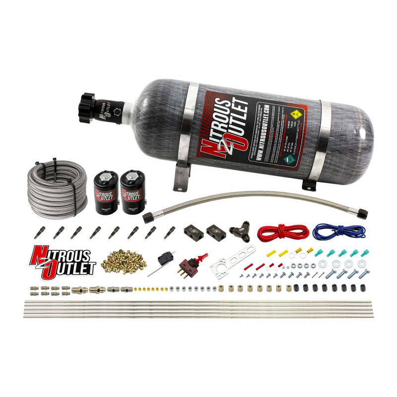 Nitrous Outlet Dry 8 Cylinder Direct Port System - Two .122 Nitrous Solenoids/Compact Distribution Blocks/Compression Fittings/SBT Discharge Nozzles (100-400HP)(12lb Bottle)
