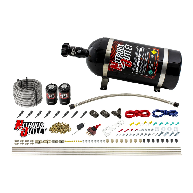Nitrous Outlet Dry 8 Cylinder Direct Port System - Two .112 Nitrous Solenoids/Compact Distribution Blocks/Compression Fittings/90 Degree Discharge Nozzles (100-400HP)(10lb Bottle)