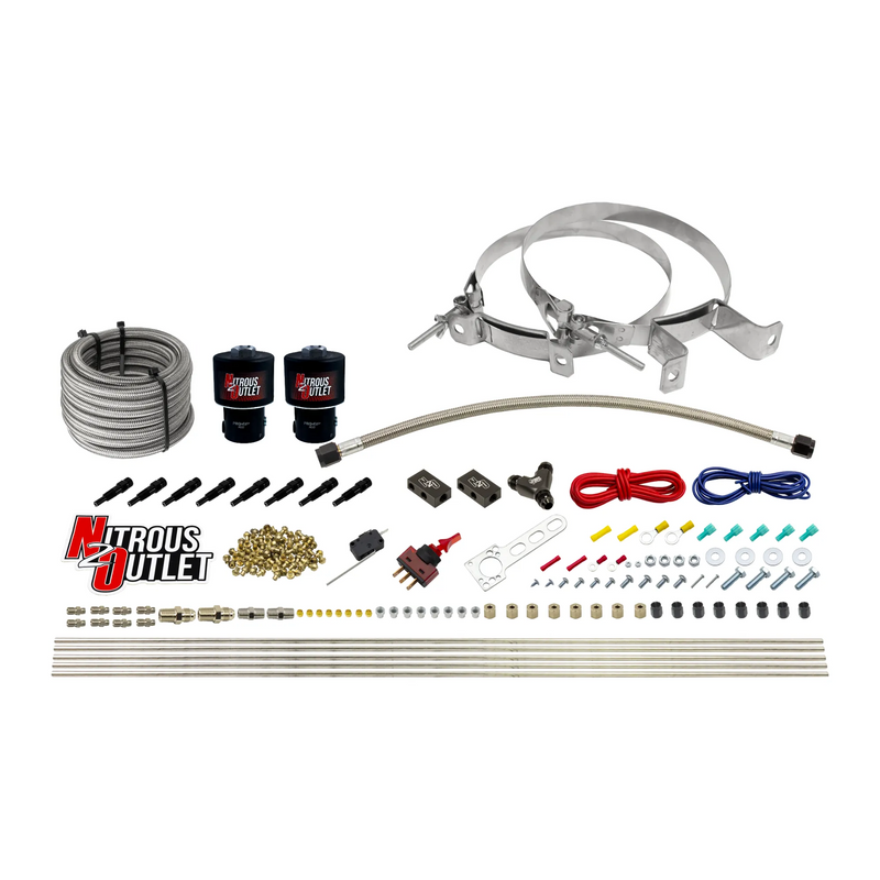 Nitrous Outlet Dry 8 Cylinder Direct Port System - Two .178 Trashcan Nitrous Solenoids/Compact Distribution Blocks/Compression Fittings/SBT Discharge Nozzles (100-400HP)(No Bottle)