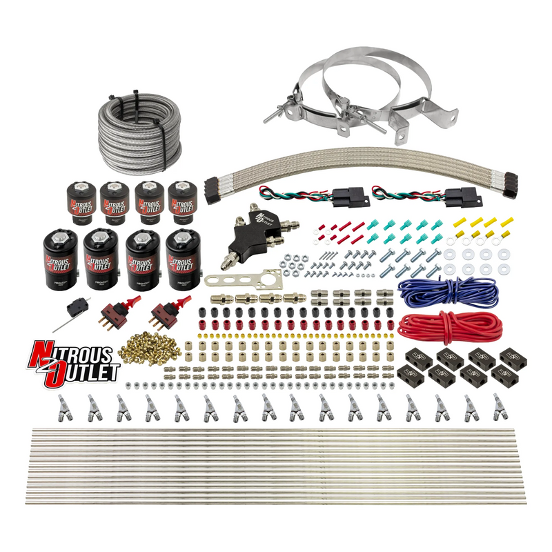 Nitrous Outlet 8 Cylinder Dual Stage Direct Port System - Four .122 Nitrous Solenoids/Four .177 Fuel Solenoids/Compact Distribution Blocks/Compression Fittings/Annular Discharge Nozzles (Alcohol)(5-7-10 psi)(100-400HP)(No Bottle)