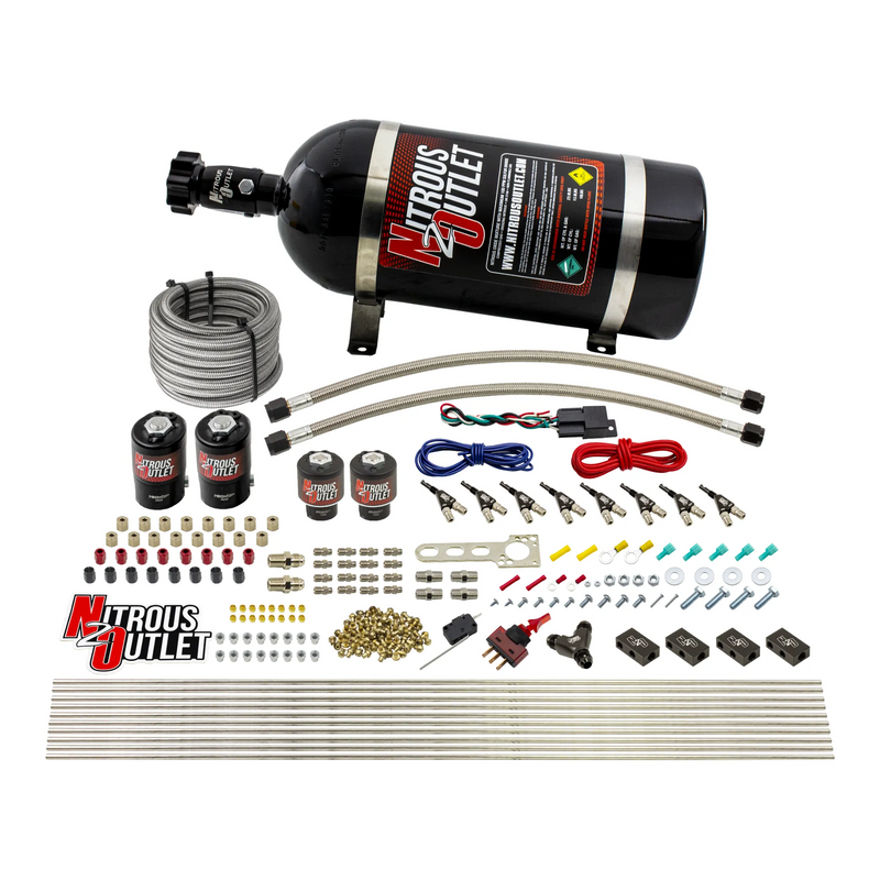 Nitrous Outlet 8 Cylinder Direct Port System - Two .112 Nitrous Solenoids/Two .177 Fuel Solenoids/Compact Distribution Blocks/Compression Fittings/90 Degree Discharge Nozzles (Alcohol)(5-7-10 psi)(100-400HP)(10lb Bottle)