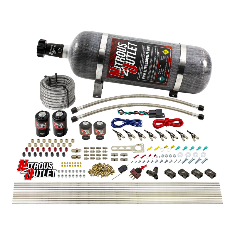 Nitrous Outlet 8 Cylinder Direct Port System - Two .112 Nitrous Solenoids/Two .177 Fuel Solenoids/Compact Distribution Blocks/Compression Fittings/90 Degree Discharge Nozzles (Alcohol)(5-7-10 psi)(100-400HP)(12lb Bottle)