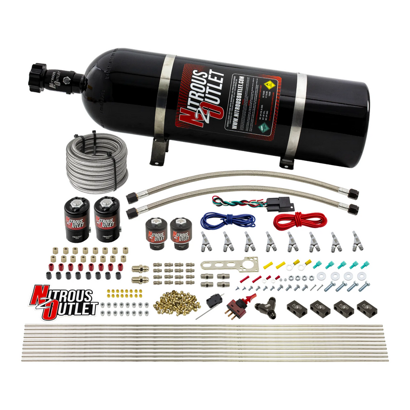 Nitrous Outlet 8 Cylinder Direct Port System - Two .112 Nitrous Solenoids/Two .177 Fuel Solenoids/Compact Distribution Blocks/Compression Fittings/Annular Discharge Nozzles (Alcohol)(5-7-10 psi)(100-400HP)(15lb Bottle)