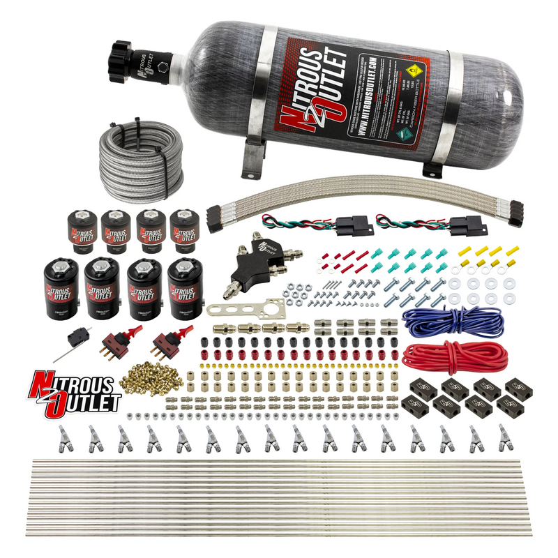 Nitrous Outlet 8 Cylinder Dual Stage Direct Port System - Four .112 Nitrous Solenoids/Four .177 Fuel Solenoids/Compact Distribution Blocks/Compression Fittings/Annular Discharge Nozzles (Alcohol)(5-7-10 psi)(100-400HP)(12lb Bottle)