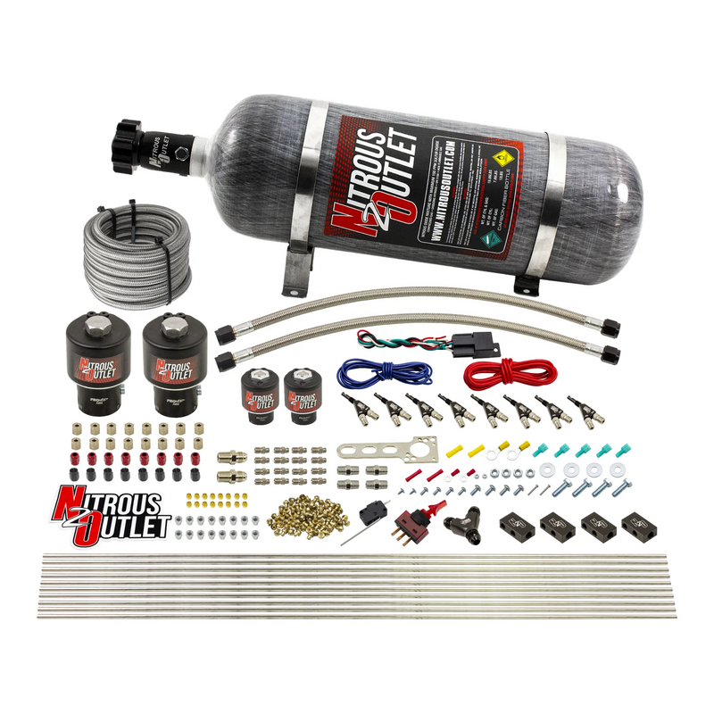 Nitrous Outlet 8 Cylinder Direct Port System - Two .178 Trashcan Nitrous Solenoids/Two .177 Fuel Solenoids/Compact Distribution Blocks/Compression Fittings/90 Degree Discharge Nozzles (Alcohol)(5-7-10 psi)(100-400HP)(12lb Bottle)