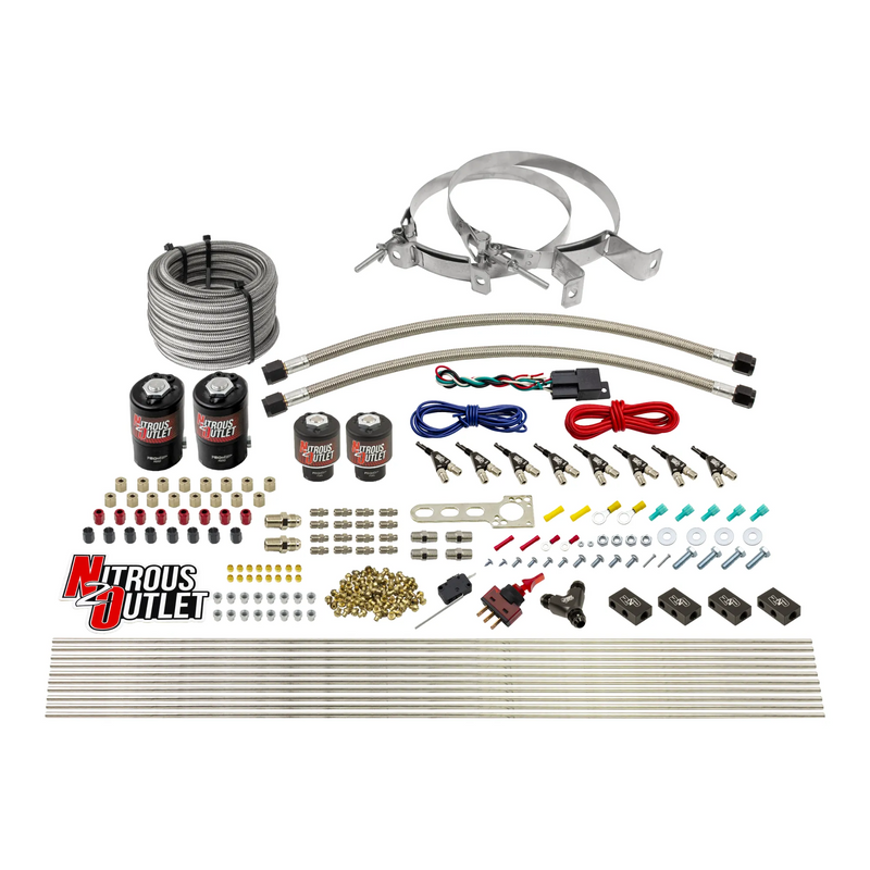 Nitrous Outlet 8 Cylinder Direct Port System - Two .122 Nitrous Solenoids/Two .177 Fuel Solenoids/Compact Distribution Blocks/Compression Fittings/90 Degree Discharge Nozzles (E85)(5-7-10 psi)(100-400HP)(No Bottle)