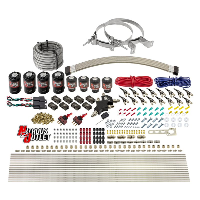 Nitrous Outlet 8 Cylinder Dual Stage Direct Port System - Four .122 Nitrous Solenoids/Four .177 Fuel Solenoids/Compact Distribution Blocks/Compression Fittings/90 Degree Discharge Nozzles (E85)(5-7-10 psi)(100-400HP)(No Bottle)