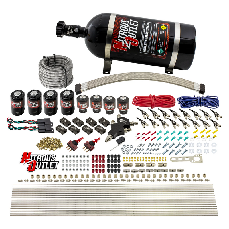 Nitrous Outlet 8 Cylinder Dual Stage Direct Port System - Four .122 Nitrous Solenoids/Four .177 Fuel Solenoids/Compact Distribution Blocks/Compression Fittings/90 Degree Discharge Nozzles (E85)(5-7-10 psi)(100-400HP)(10lb Bottle)