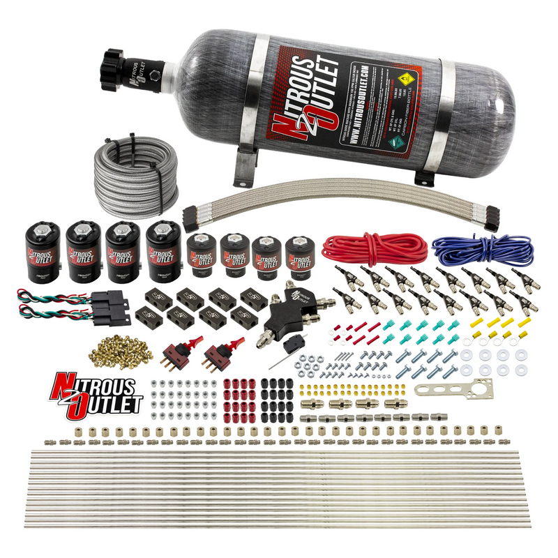 Nitrous Outlet 8 Cylinder Dual Stage Direct Port System - Four .122 Nitrous Solenoids/Four .177 Fuel Solenoids/Compact Distribution Blocks/Compression Fittings/90 Degree Discharge Nozzles (E85)(5-7-10 psi)(100-400HP)(12lb Bottle)