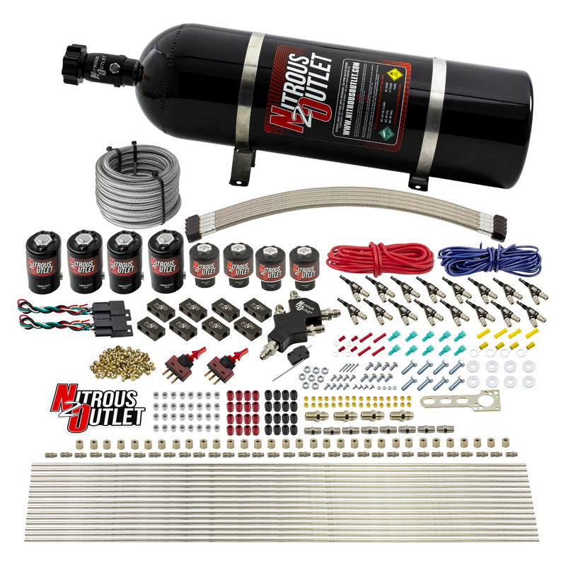 Nitrous Outlet 8 Cylinder Dual Stage Direct Port System - Four .122 Nitrous Solenoids/Four .177 Fuel Solenoids/Compact Distribution Blocks/Compression Fittings/90 Degree Discharge Nozzles (E85)(5-7-10 psi)(100-400HP)(15lb Bottle)