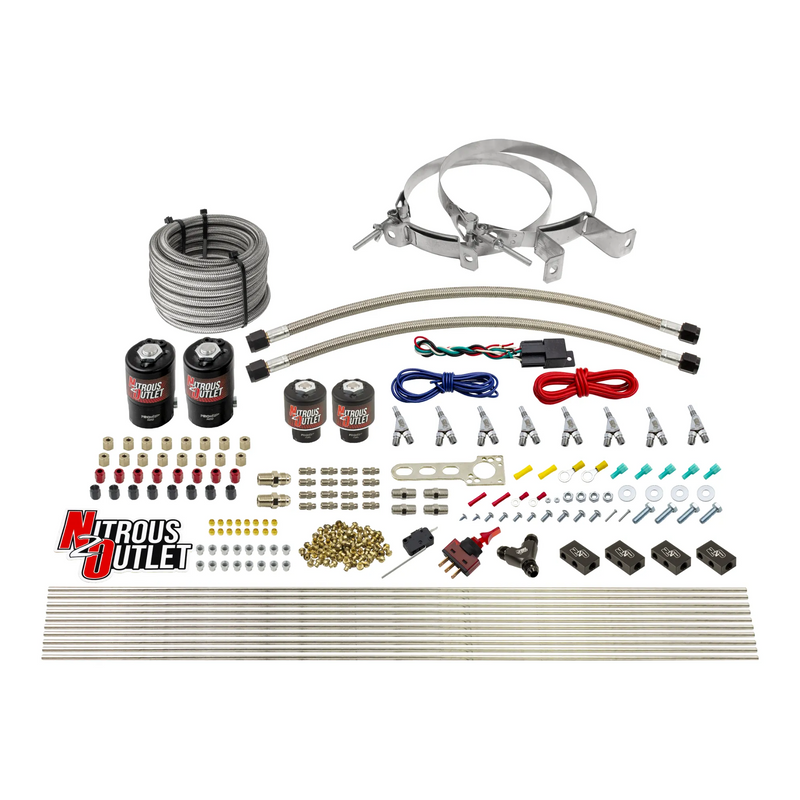 Nitrous Outlet 8 Cylinder Direct Port System - Two .122 Nitrous Solenoids/Two .177 Fuel Solenoids/Compact Distribution Blocks/Compression Fittings/Annular Discharge Nozzles (E85)(5-7-10 psi)(100-400HP)(No Bottle)