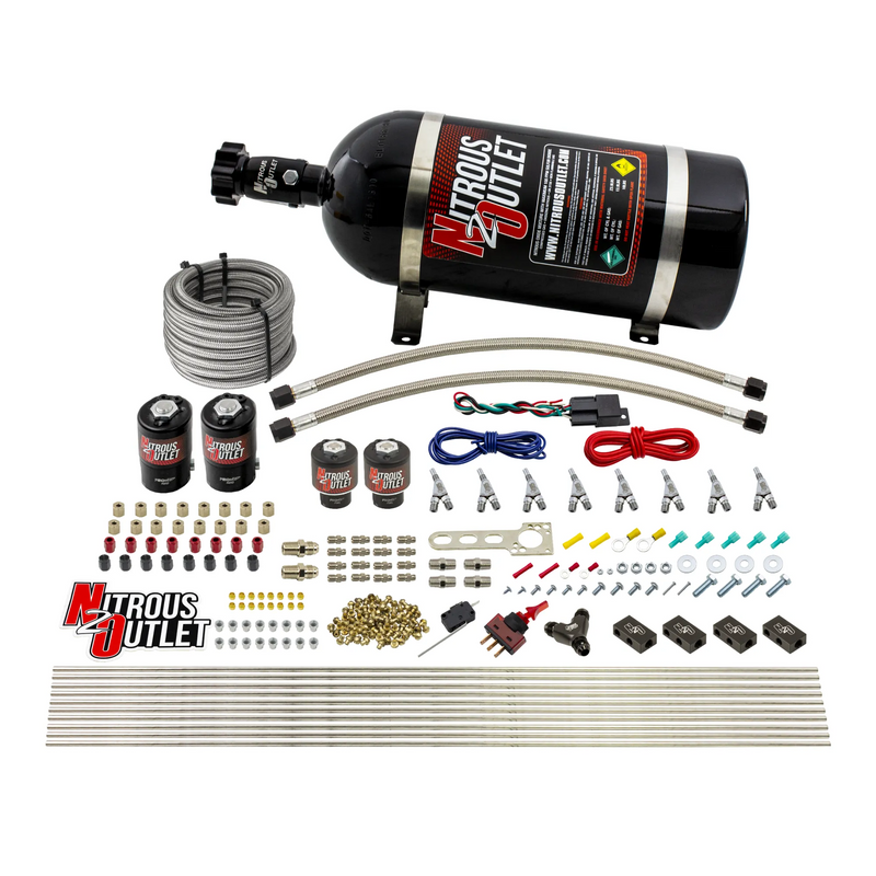 Nitrous Outlet 8 Cylinder Direct Port System - Two .122 Nitrous Solenoids/Two .177 Fuel Solenoids/Compact Distribution Blocks/Compression Fittings/Annular Discharge Nozzles (E85)(5-7-10 psi)(100-400HP)(10lb Bottle)