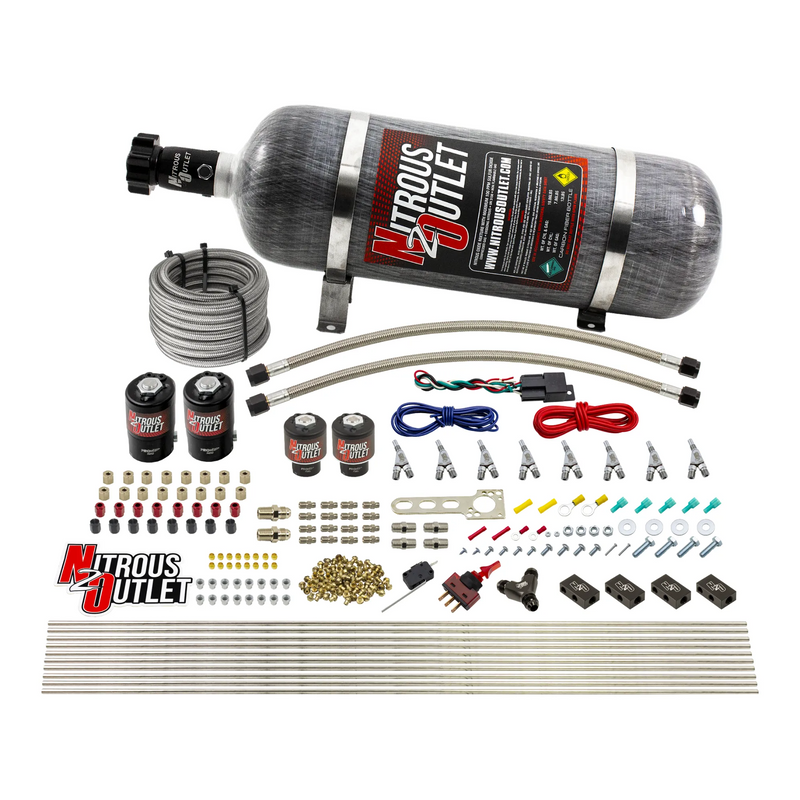 Nitrous Outlet 8 Cylinder Direct Port System - Two .122 Nitrous Solenoids/Two .177 Fuel Solenoids/Compact Distribution Blocks/Compression Fittings/Annular Discharge Nozzles (E85)(5-7-10 psi)(100-400HP)(12lb Bottle)