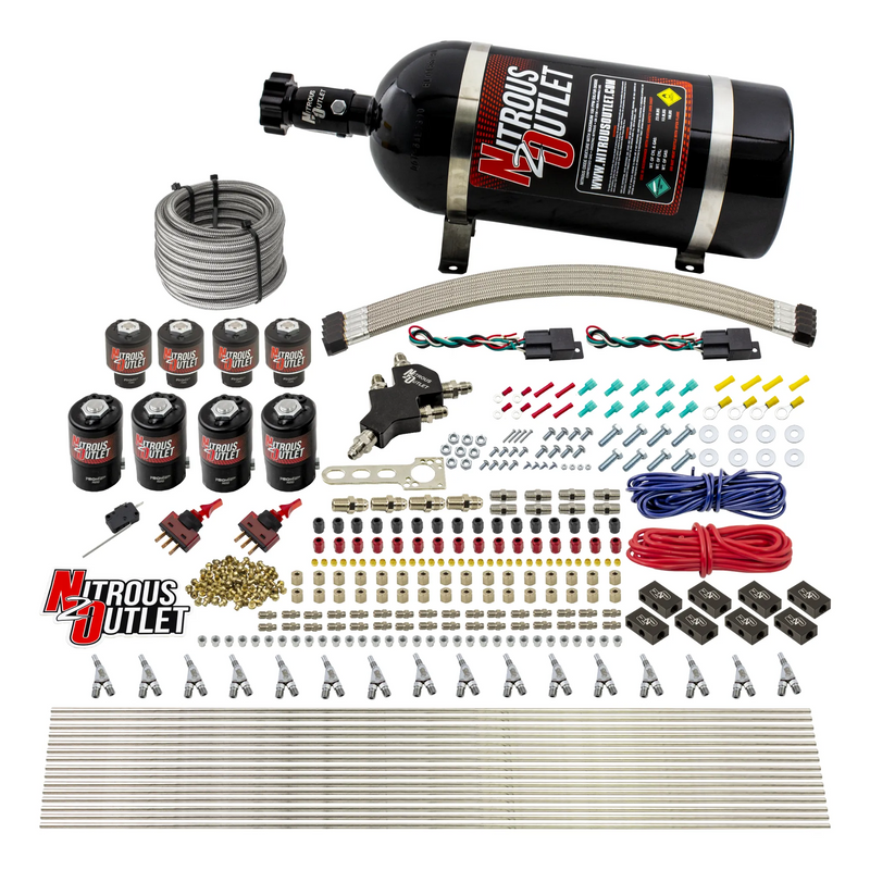 Nitrous Outlet 8 Cylinder Dual Stage Direct Port System - Four .122 Nitrous Solenoids/Four .177 Fuel Solenoids/Compact Distribution Blocks/Compression Fittings/Annular Discharge Nozzles (E85)(5-7-10 psi)(100-400HP)(10lb Bottle)