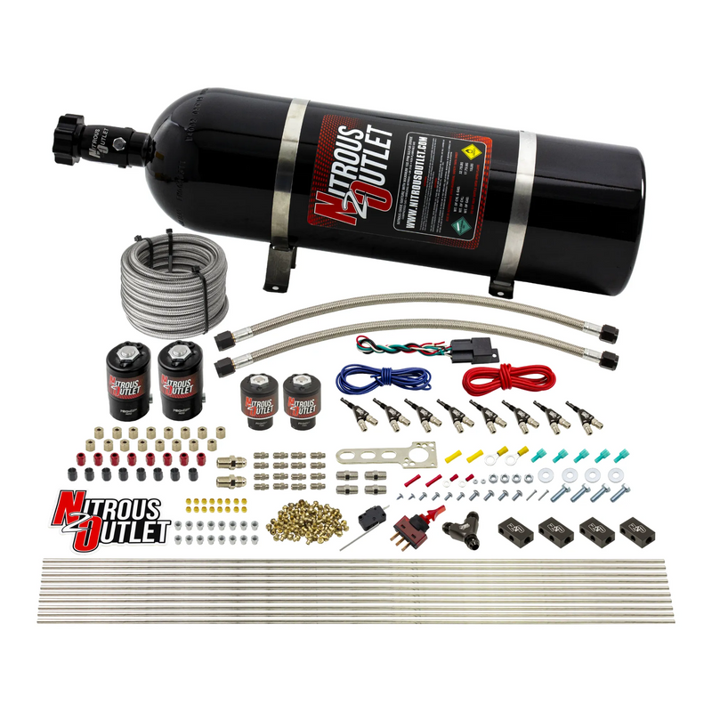 Nitrous Outlet 8 Cylinder Direct Port System - Two .112 Nitrous Solenoids/Two .177 Fuel Solenoids/Compact Distribution Blocks/Compression Fittings/90 Degree Discharge Nozzles (E85)(5-7-10 psi)(100-400HP)(15lb Bottle)