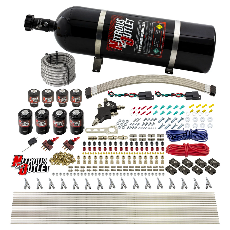 Nitrous Outlet 8 Cylinder Dual Stage Direct Port System - Four .112 Nitrous Solenoids/Four .177 Fuel Solenoids/Compact Distribution Blocks/Compression Fittings/Annular Discharge Nozzles (E85)(5-7-10 psi)(100-400HP)(15lb Bottle)