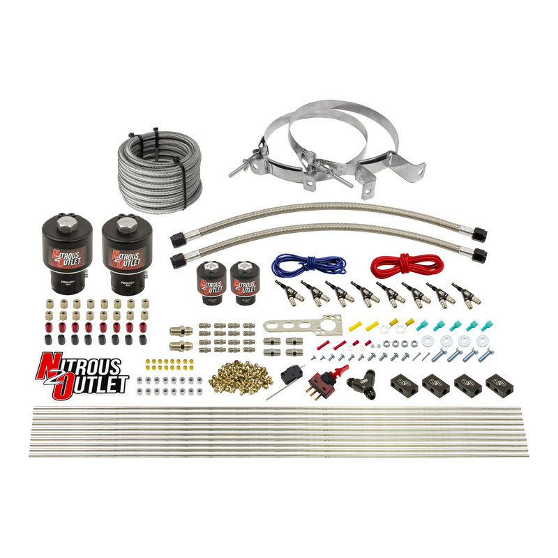 Nitrous Outlet 8 Cylinder Direct Port System - Two .178 Trashcan Nitrous Solenoids/Two .177 Fuel Solenoids/Compact Distribution Blocks/Compression Fittings/90 Degree Discharge Nozzles (E85)(5-7-10 psi)(100-400HP)(No Bottle)