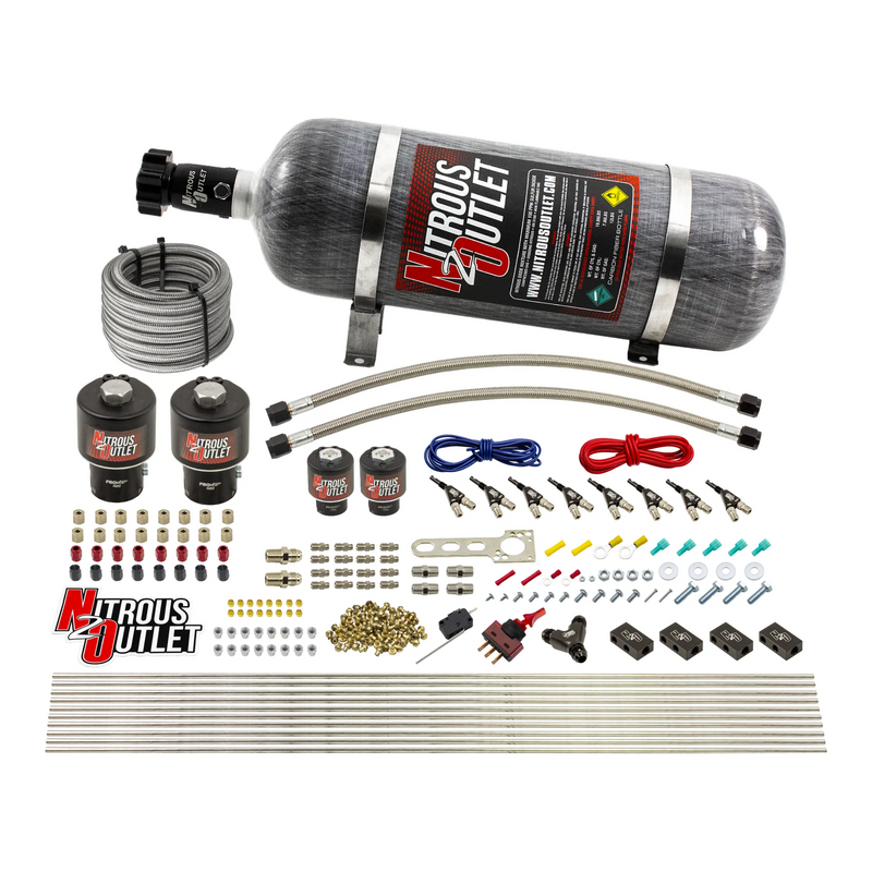 Nitrous Outlet 8 Cylinder Direct Port System - Two .178 Trashcan Nitrous Solenoids/Two .177 Fuel Solenoids/Compact Distribution Blocks/Compression Fittings/90 Degree Discharge Nozzles (E85)(5-7-10 psi)(100-400HP)(12lb Bottle)