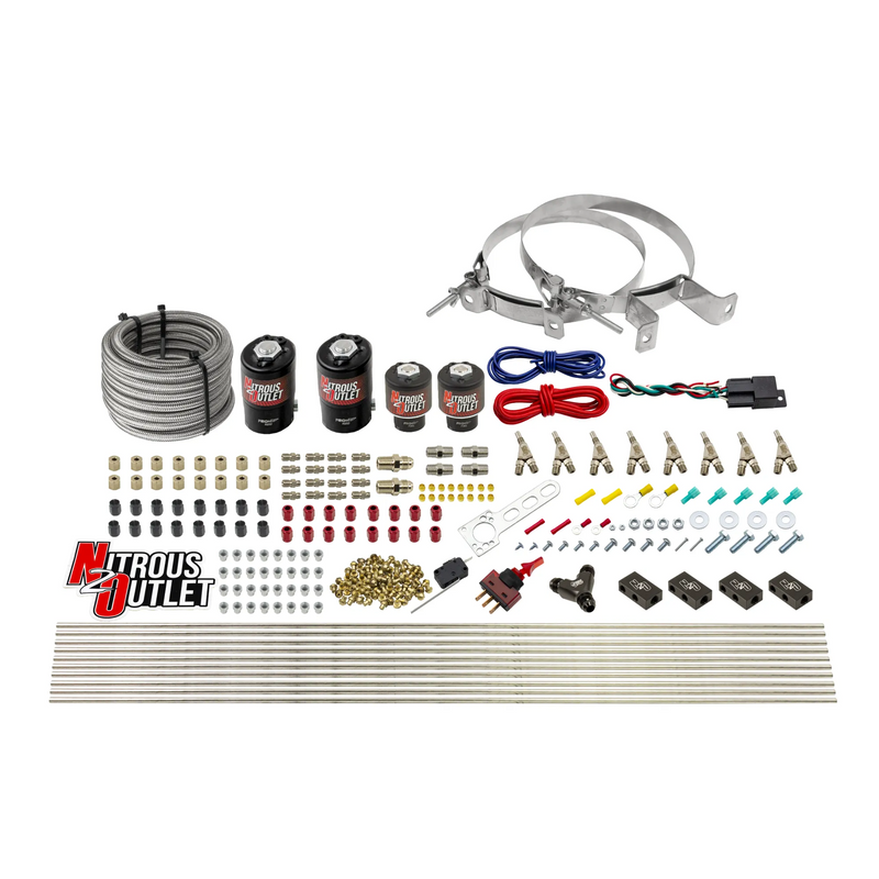 Nitrous Outlet 8 Cylinder Direct Port System - Two .122 Nitrous Solenoids/Two .177 Fuel Solenoids/Compact Distribution Blocks/Compression Fittings/90 Degree Discharge Nozzles (Gas)(5-7-10 psi)(100-400HP)(No Bottle)