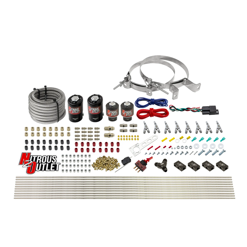 Nitrous Outlet 8 Cylinder Direct Port System - Two .122 Nitrous Solenoids/Two .177 Fuel Solenoids/Compact Distribution Blocks/Compression Fittings/Annular Discharge Nozzles (Gas)(5-7-10 psi)(100-400HP)(No Bottle)