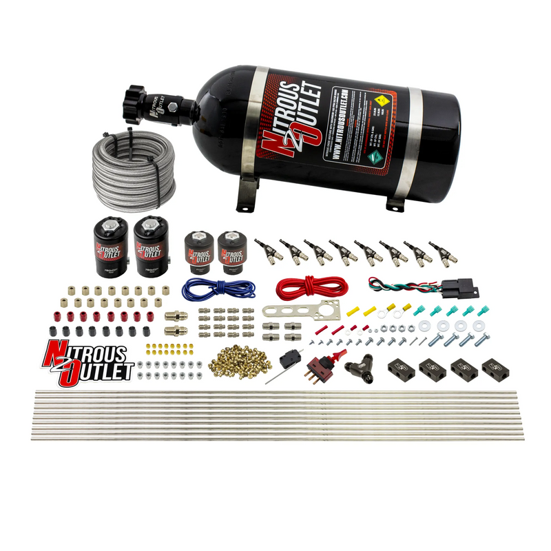 Nitrous Outlet 8 Cylinder Direct Port System - Two .112 Nitrous Solenoids/Two .177 Fuel Solenoids/Compact Distribution Blocks/Compression Fittings/90 Degree Discharge Nozzles (Gas)(5-7-10 psi)(100-400HP)(10lb Bottle)