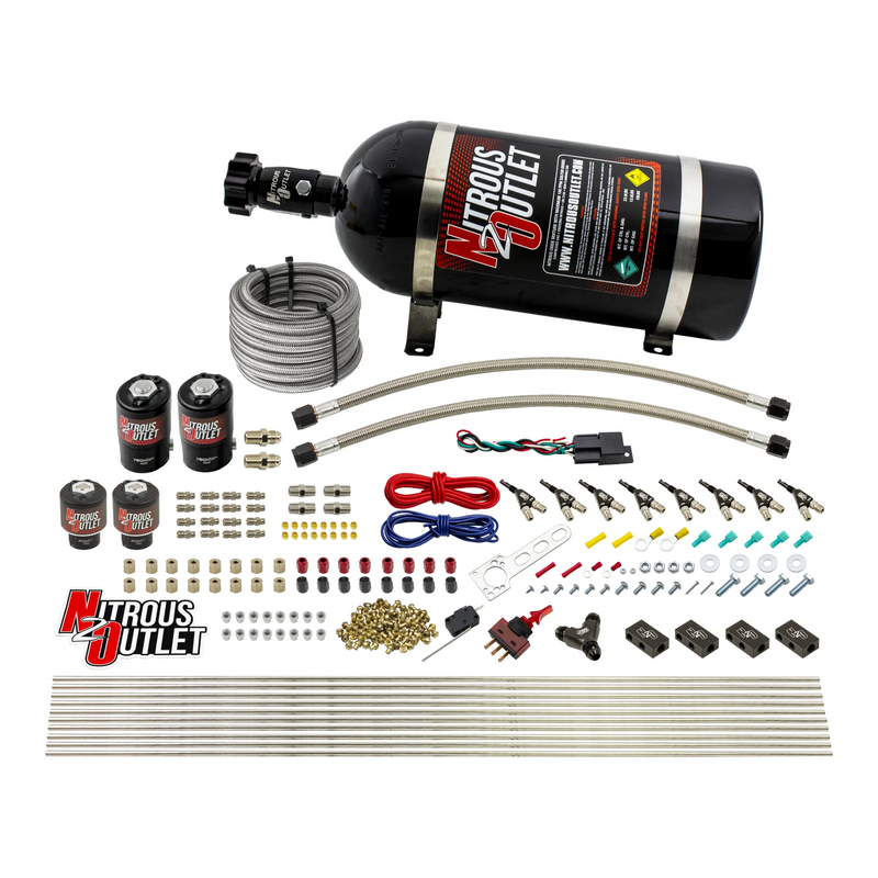 Nitrous Outlet 8 Cylinder Direct Port System - Two .122 Nitrous Solenoids/Two .177 Fuel Solenoids/Compact Distribution Blocks/Compression Fittings/90 Degree Discharge Nozzles (E85)(45-55 psi)(100-400HP)(10lb Bottle)
