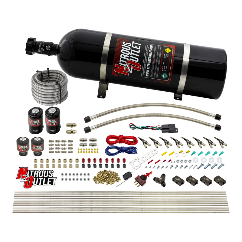 Nitrous Outlet 8 Cylinder Direct Port System - Two .122 Nitrous Solenoids/Two .177 Fuel Solenoids/Compact Distribution Blocks/Compression Fittings/90 Degree Discharge Nozzles (E85)(45-55 psi)(100-400HP)(15lb Bottle)