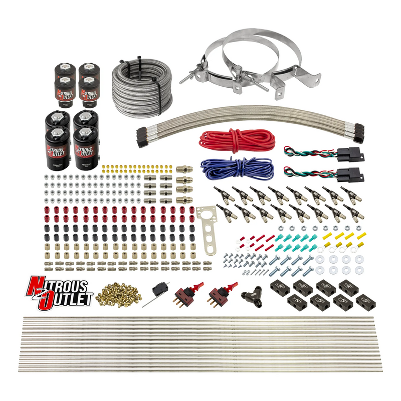 Nitrous Outlet 8 Cylinder Dual Stage Direct Port System - Four .122 Nitrous Solenoids/Four .177 Fuel Solenoids/Compact Distribution Blocks/Compression Fittings/90 Degree Discharge Nozzles (E85)(45-55 psi)(100-400HP)(No Bottle)