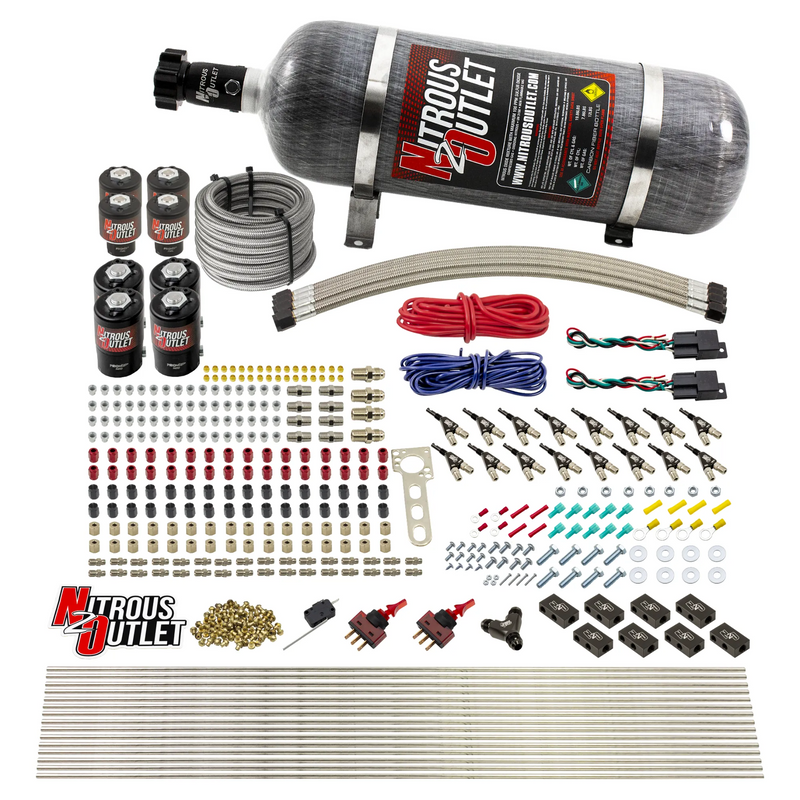 Nitrous Outlet 8 Cylinder Dual Stage Direct Port System - Four .122 Nitrous Solenoids/Four .177 Fuel Solenoids/Compact Distribution Blocks/Compression Fittings/90 Degree Discharge Nozzles (E85)(45-55 psi)(100-400HP)(12lb Bottle)