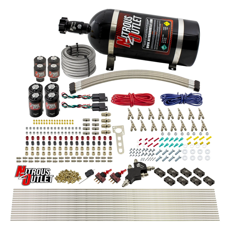 Nitrous Outlet 8 Cylinder Dual Stage Direct Port System - Four .122 Nitrous Solenoids/Four .177 Fuel Solenoids/Compact Distribution Blocks/Compression Fittings/Annular Discharge Nozzles (E85)(45-55 psi)(100-400HP)(10lb Bottle)